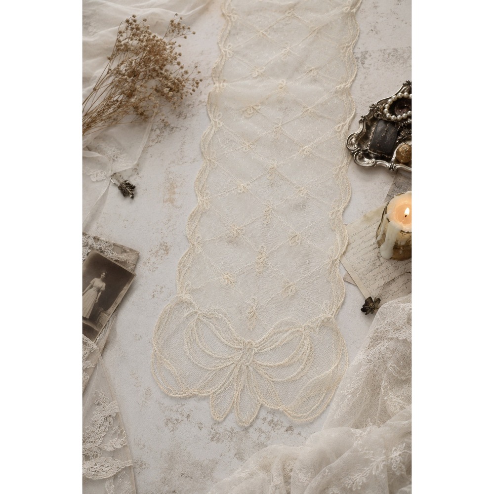 Vintage Ivory Lace Table Runner 60" Embroidered Bow Coquette Cottage Romantic